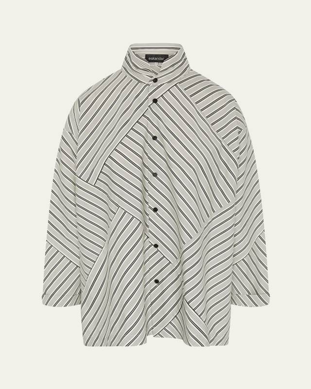 Raised Twist Stripe Patchwork Slim A-Line Double Stand-Collar Shirt With Stepped Insert (Long Length)